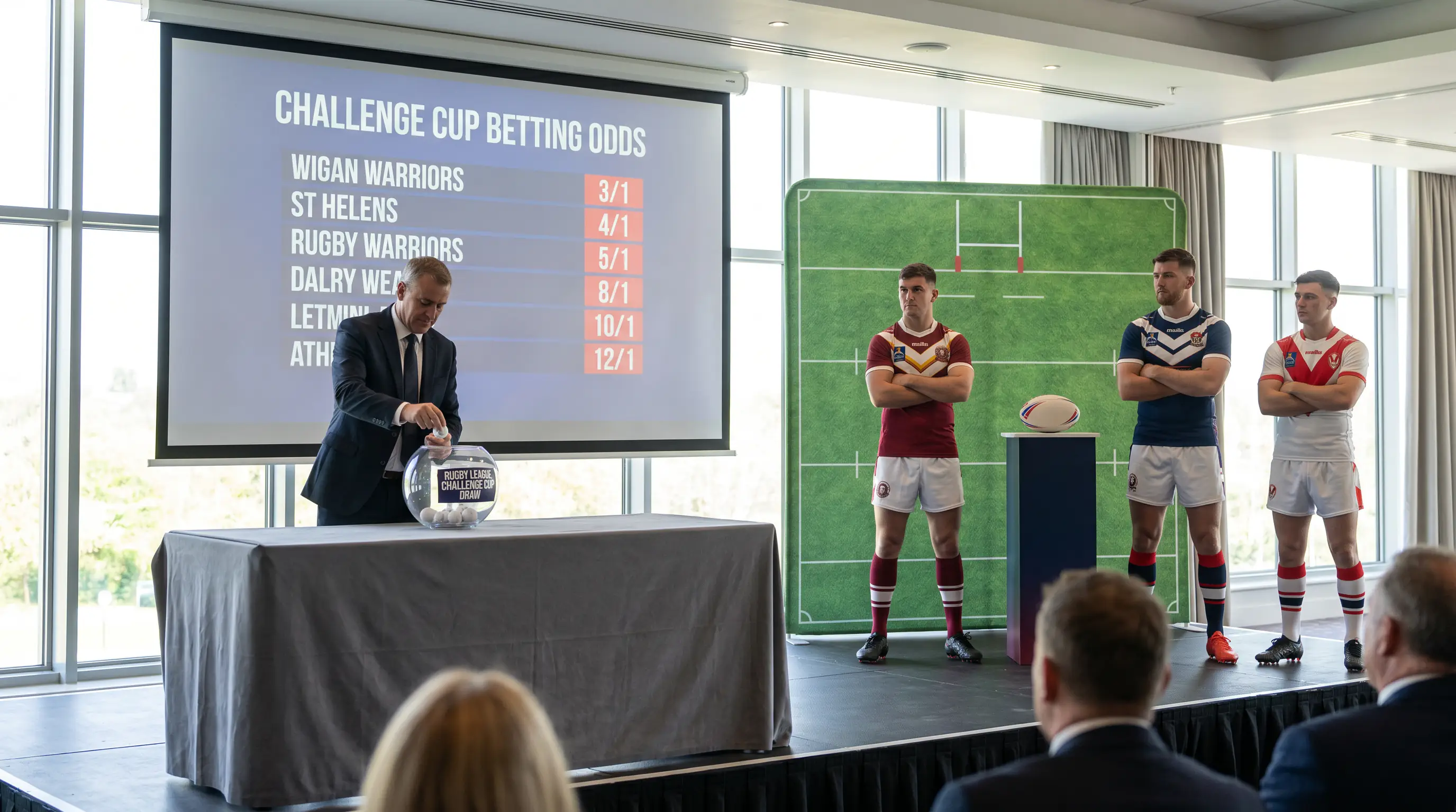Challenge Cup draw with team balls being selected on stage
