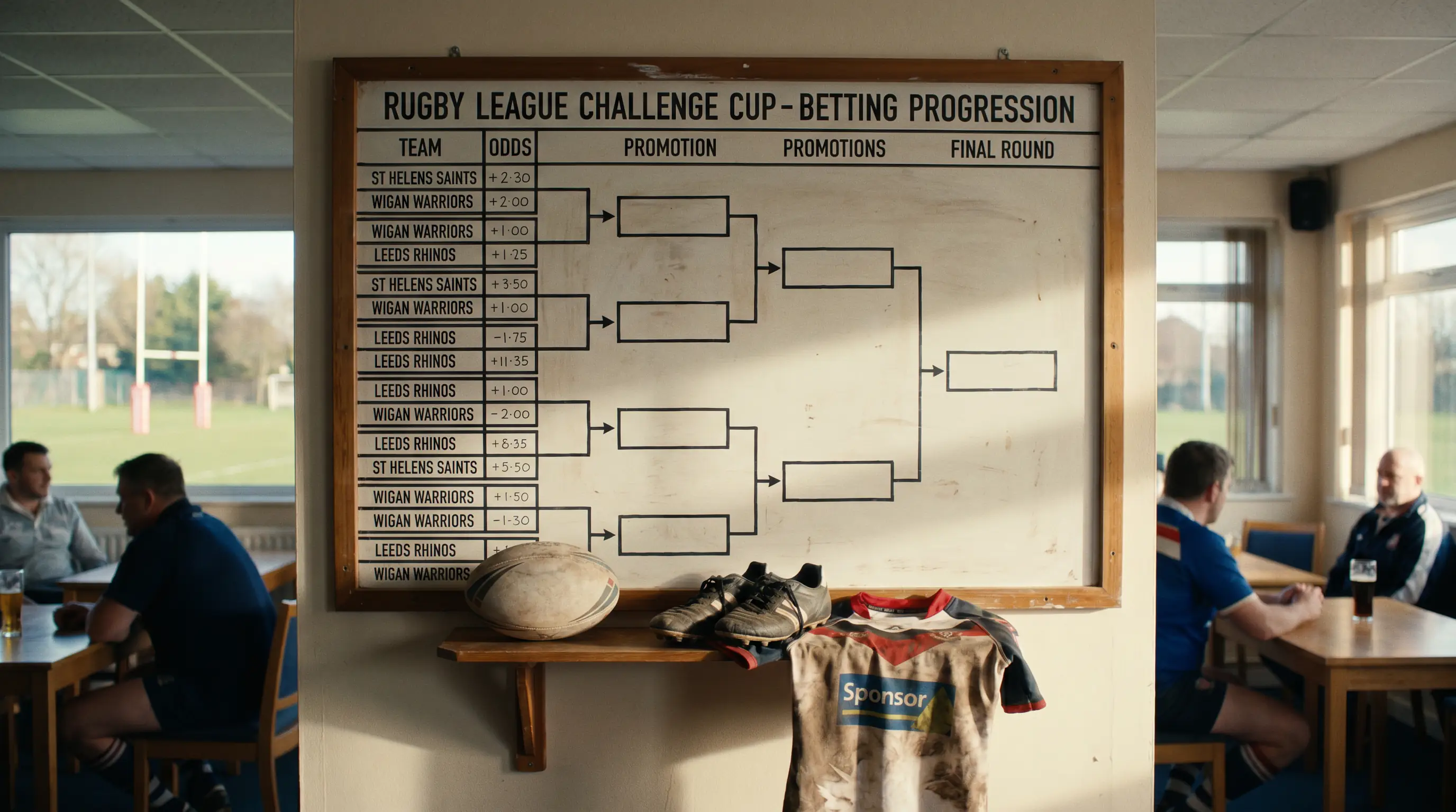 Knockout bracket progression board in rugby league clubhouse