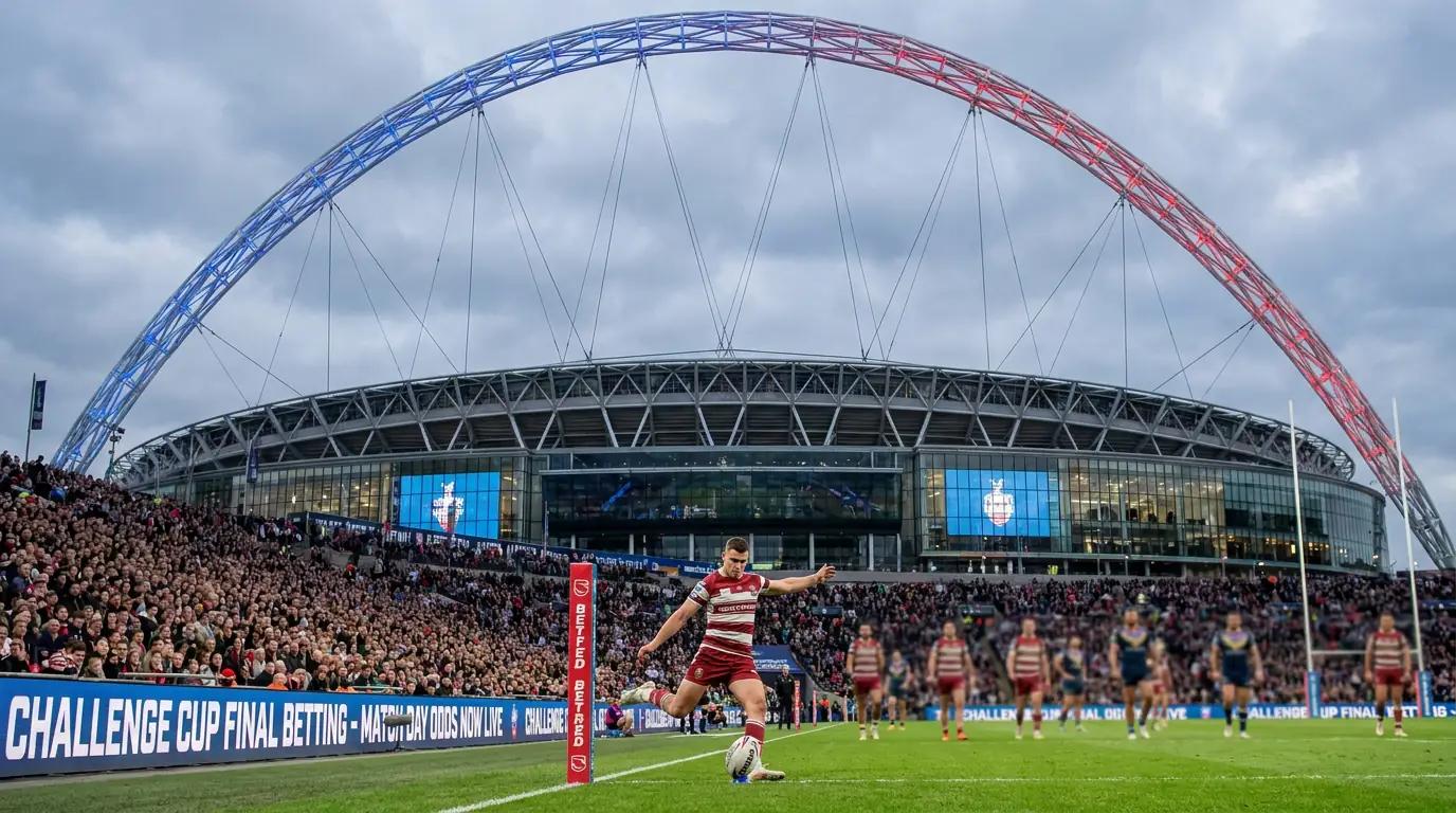 Wembley Stadium arch lit up on Challenge Cup final day