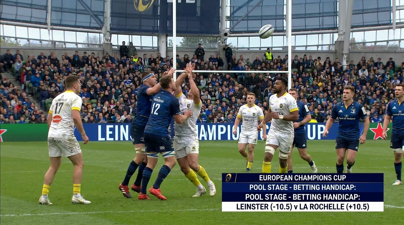 Champions Cup pool match with handicap line shown on broadcast graphic