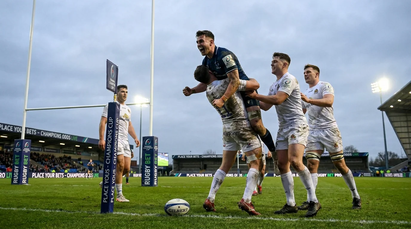 Champions Cup try scorer celebrating with team-mates by the posts