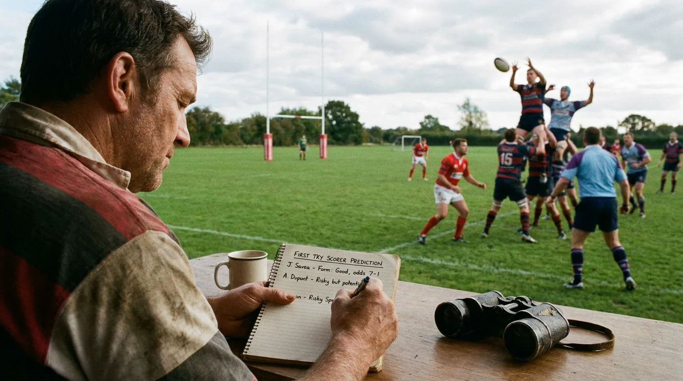 Rugby bettor planning first try staking strategy in notebook