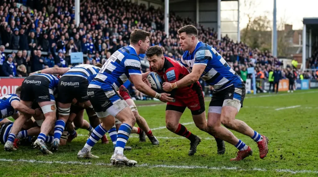 Gallagher Premiership rugby match action with home crowd backdrop