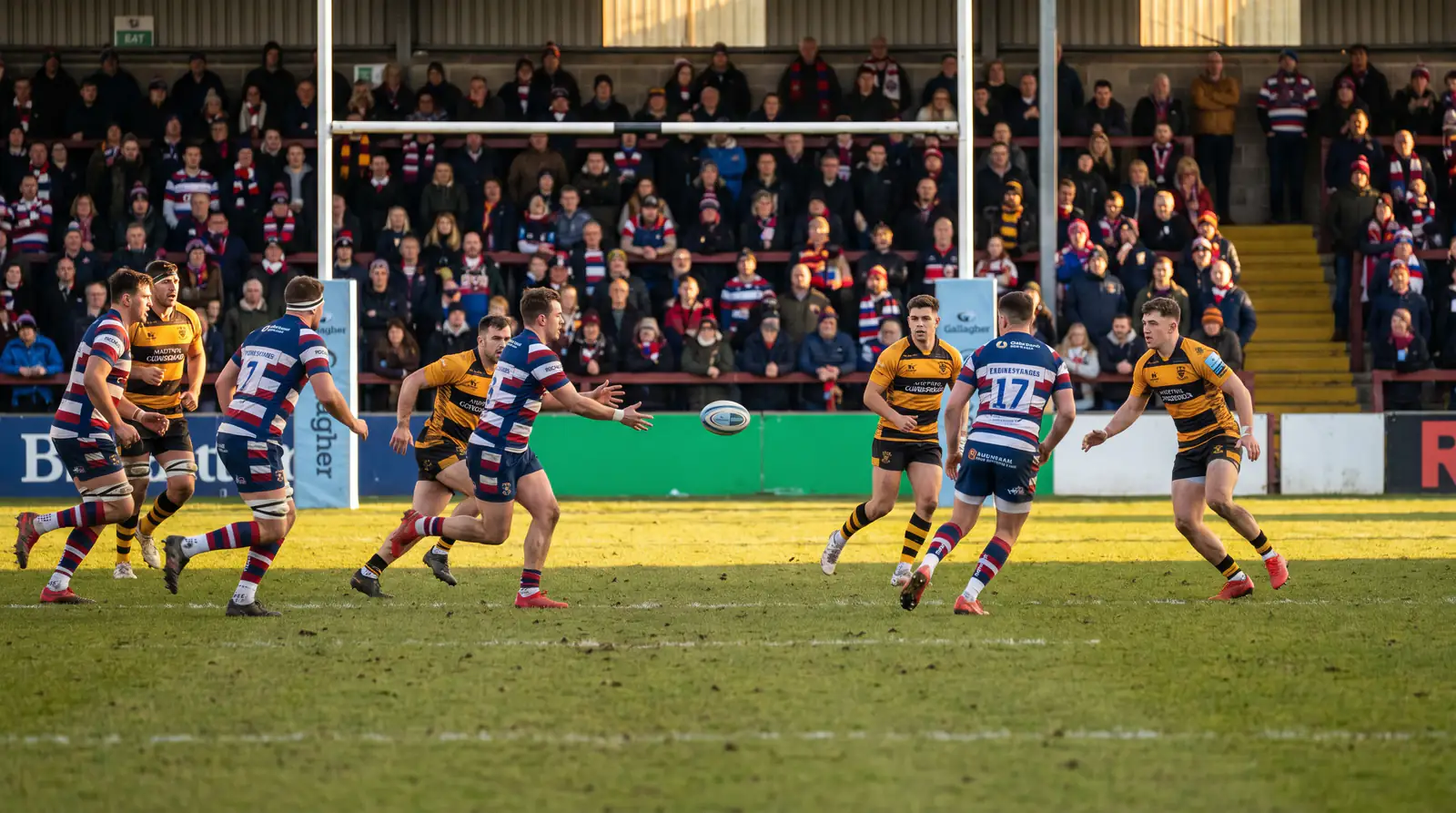 Gallagher Premiership rugby union match with full club stadium crowd cheering during a domestic fixture