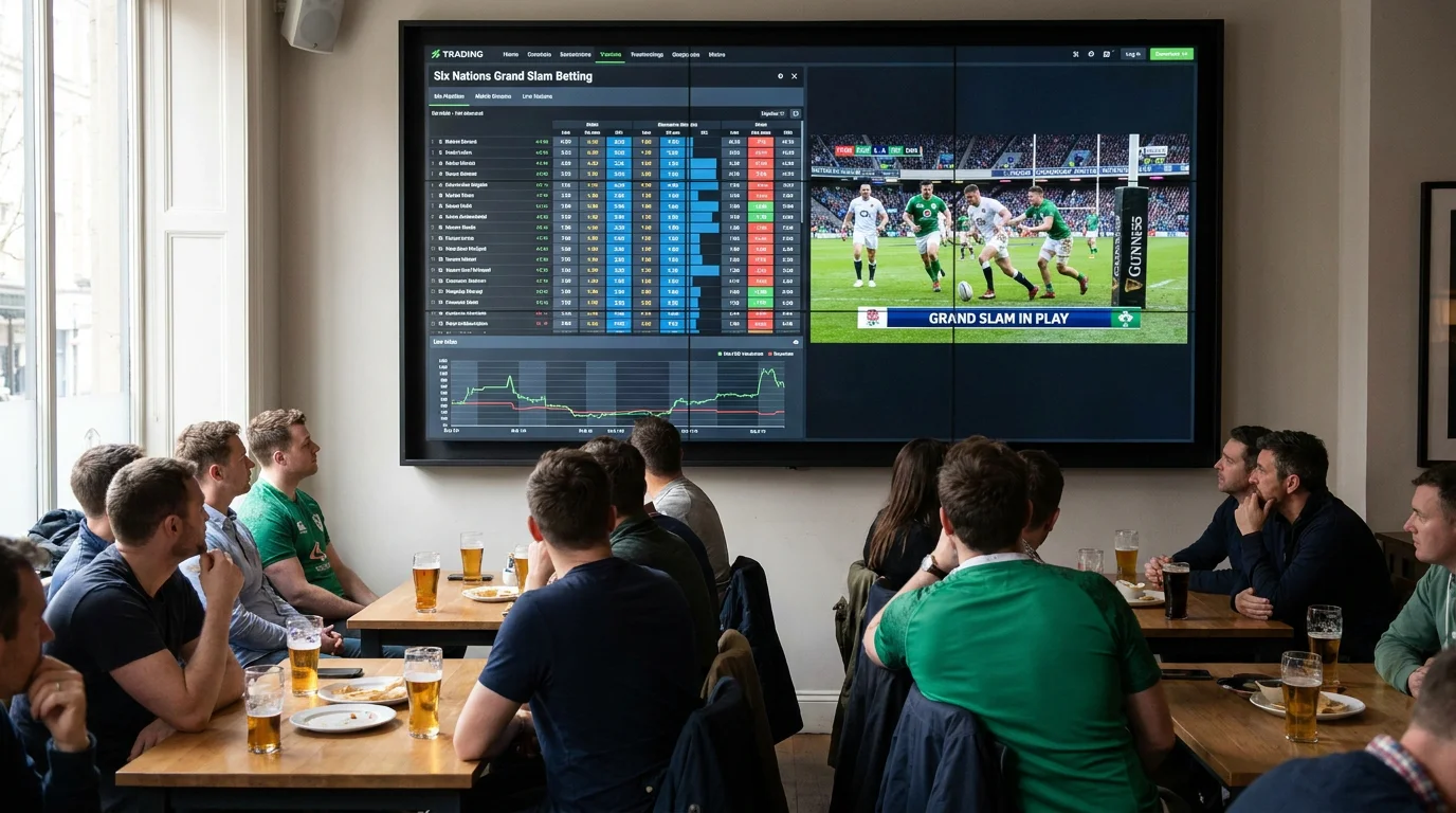 Live Six Nations match trading screen with Grand Slam in play