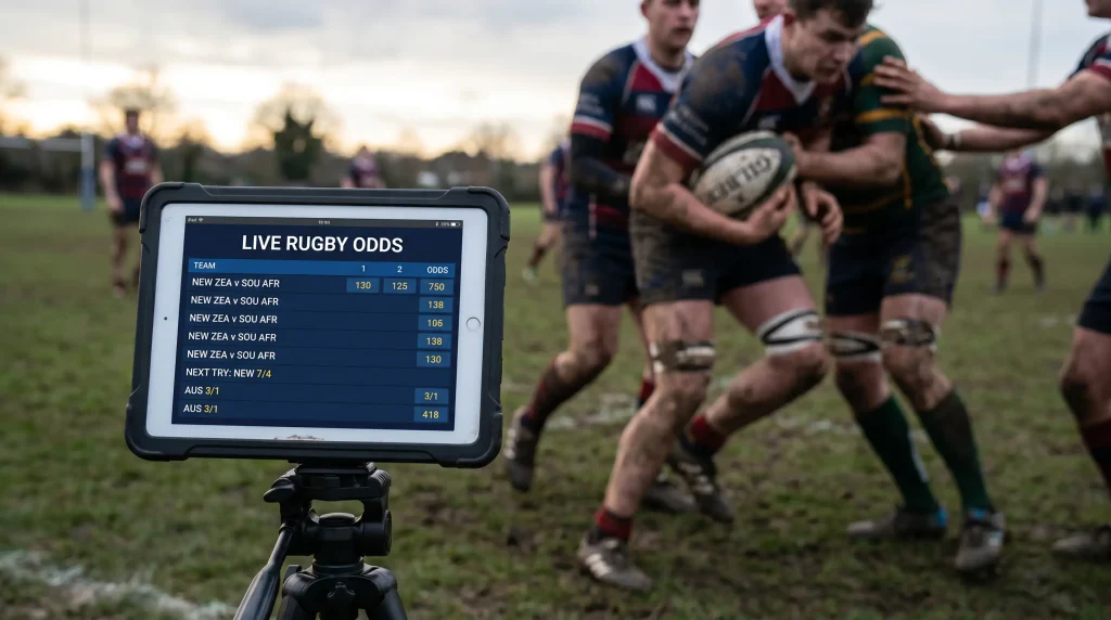 Live rugby match in-play betting screen showing real-time odds
