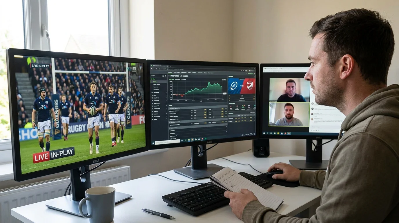 Live rugby bettor at home trading desk with multiple monitors