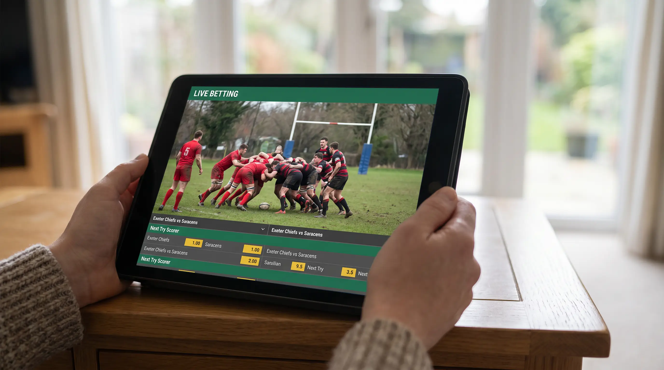 Tablet showing live rugby in-play markets during Premiership match