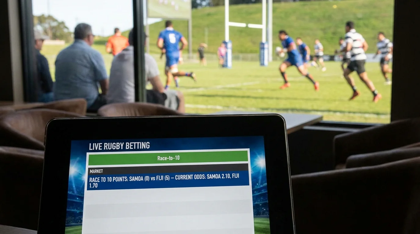 Live rugby race-to-10 market displayed on betting site screen