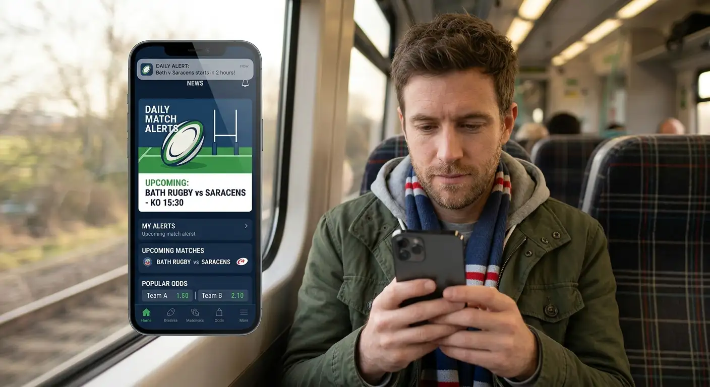 UK rugby fan using betting app on commute with daily match alerts
