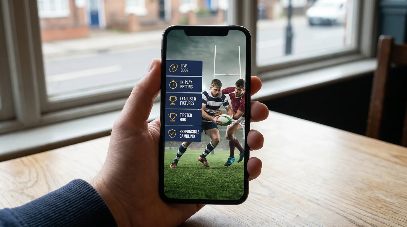 Mobile rugby betting app showing key features menu on phone screen