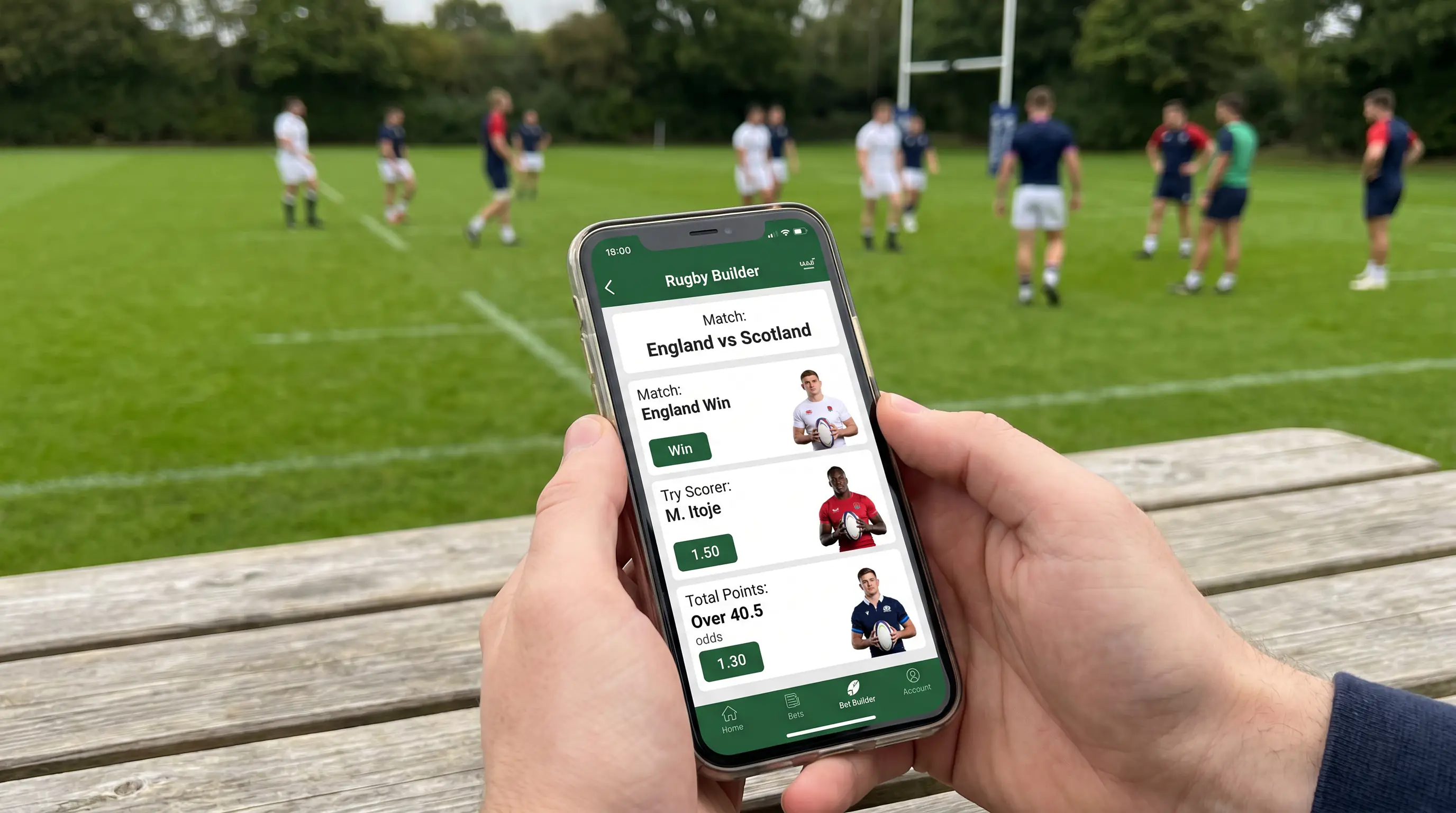 Mobile bet builder UX displayed on smartphone for rugby selections