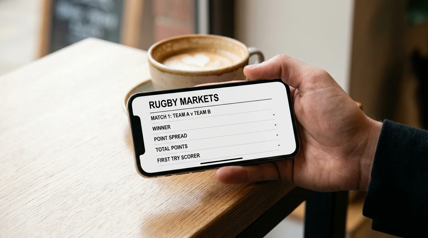 Hand holding a smartphone displaying a rugby betting app markets screen with generic match listings