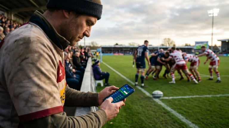 UK rugby fan using mobile betting app during Premiership match