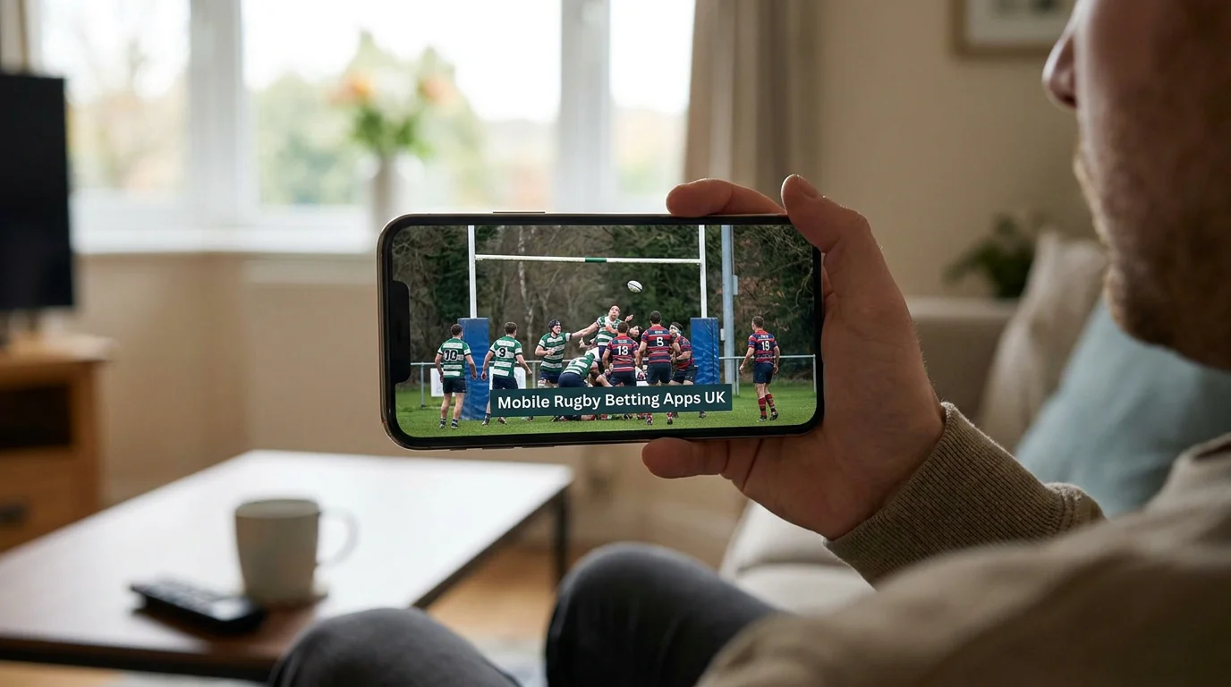 Mobile phone streaming a live rugby match in the home setting