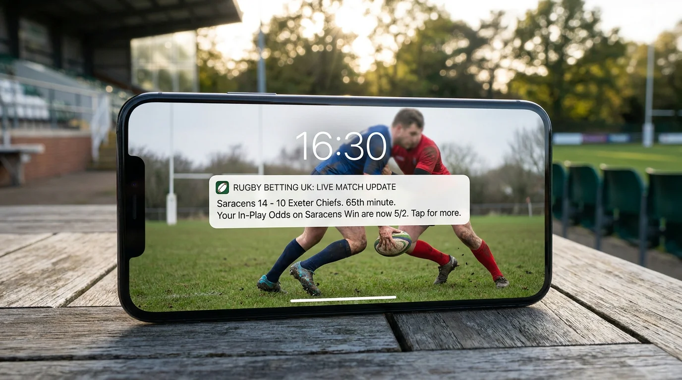 Mobile push notification alert for rugby match update on lockscreen