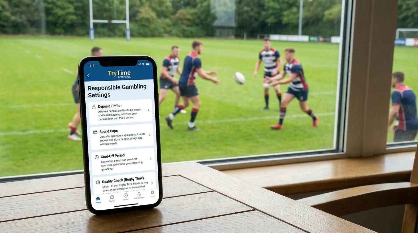 Mobile rugby app responsible gambling settings page on phone