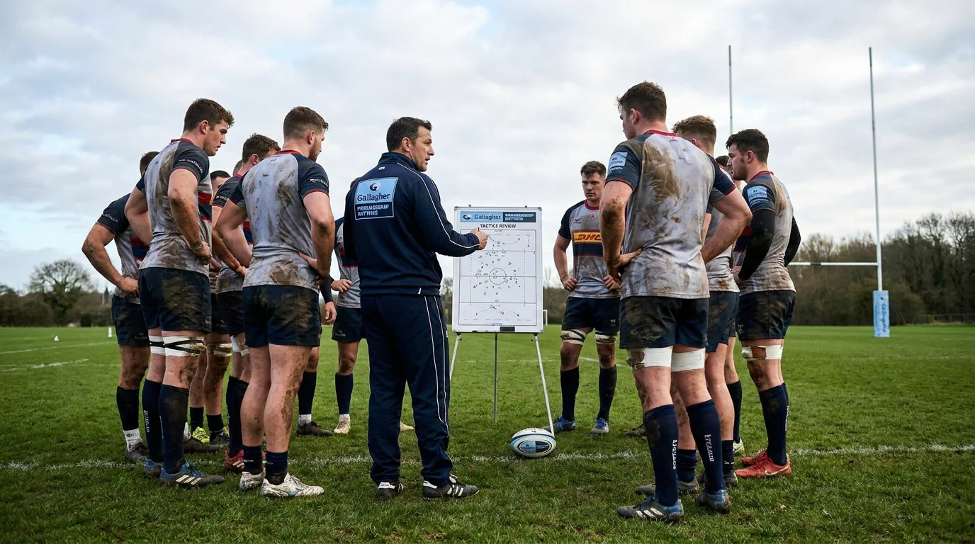 Rugby club training session with coach reviewing tactics on whiteboard