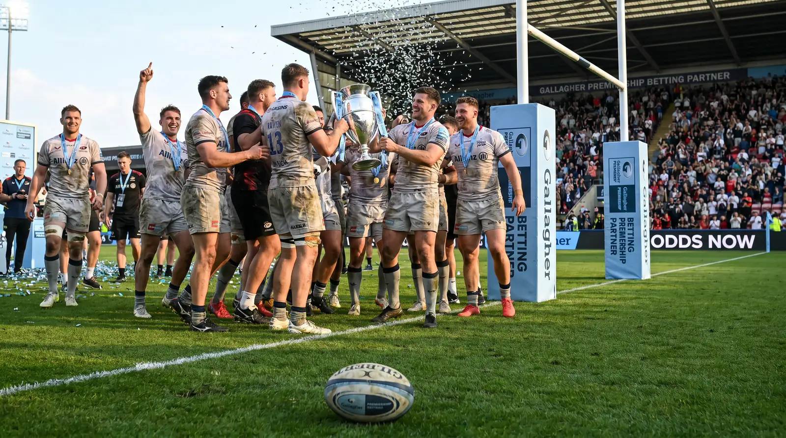Gallagher Premiership play-off final trophy lift on stadium grass