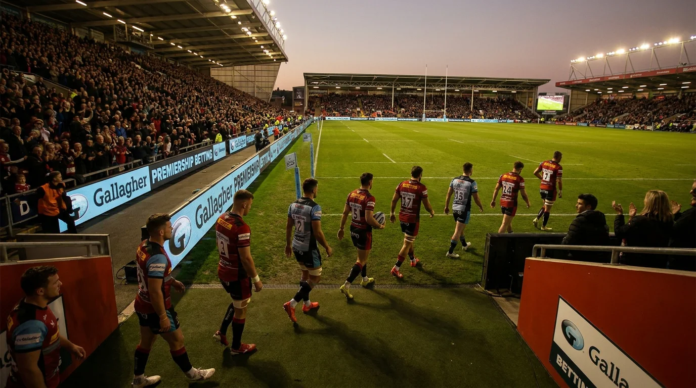 Premiership rugby players walking out under floodlights with packed stadium