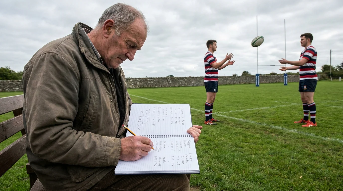 Rugby bettor calculating acca odds by hand in notebook