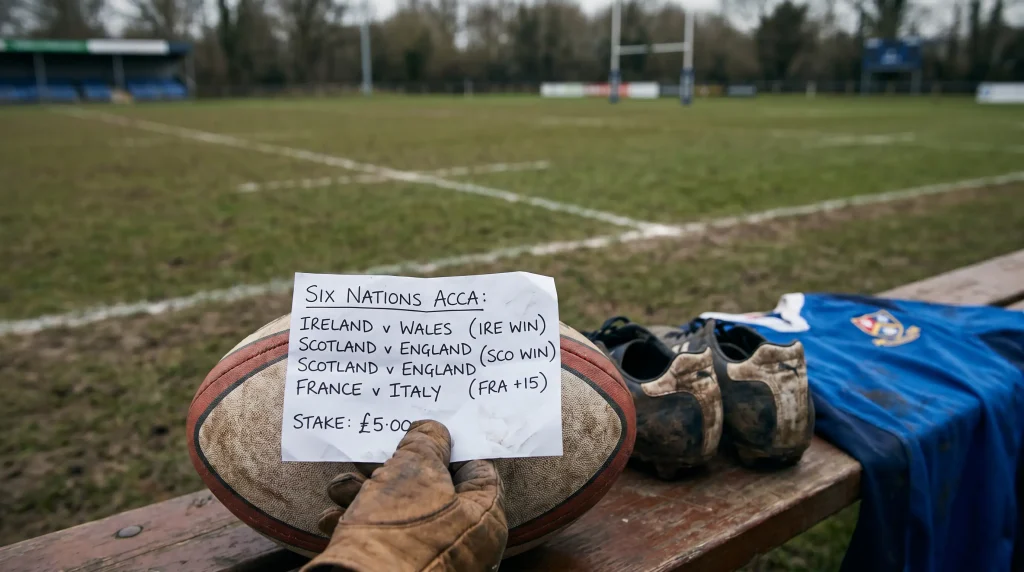 Rugby accumulator betting slip with multiple Six Nations selections