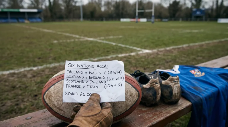 Rugby accumulator betting slip with multiple Six Nations selections