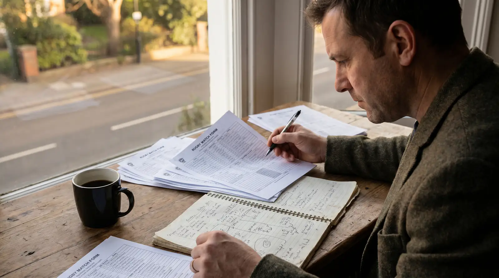 Sports analyst reviewing printed rugby form notes and a spiral notebook on a wooden desk