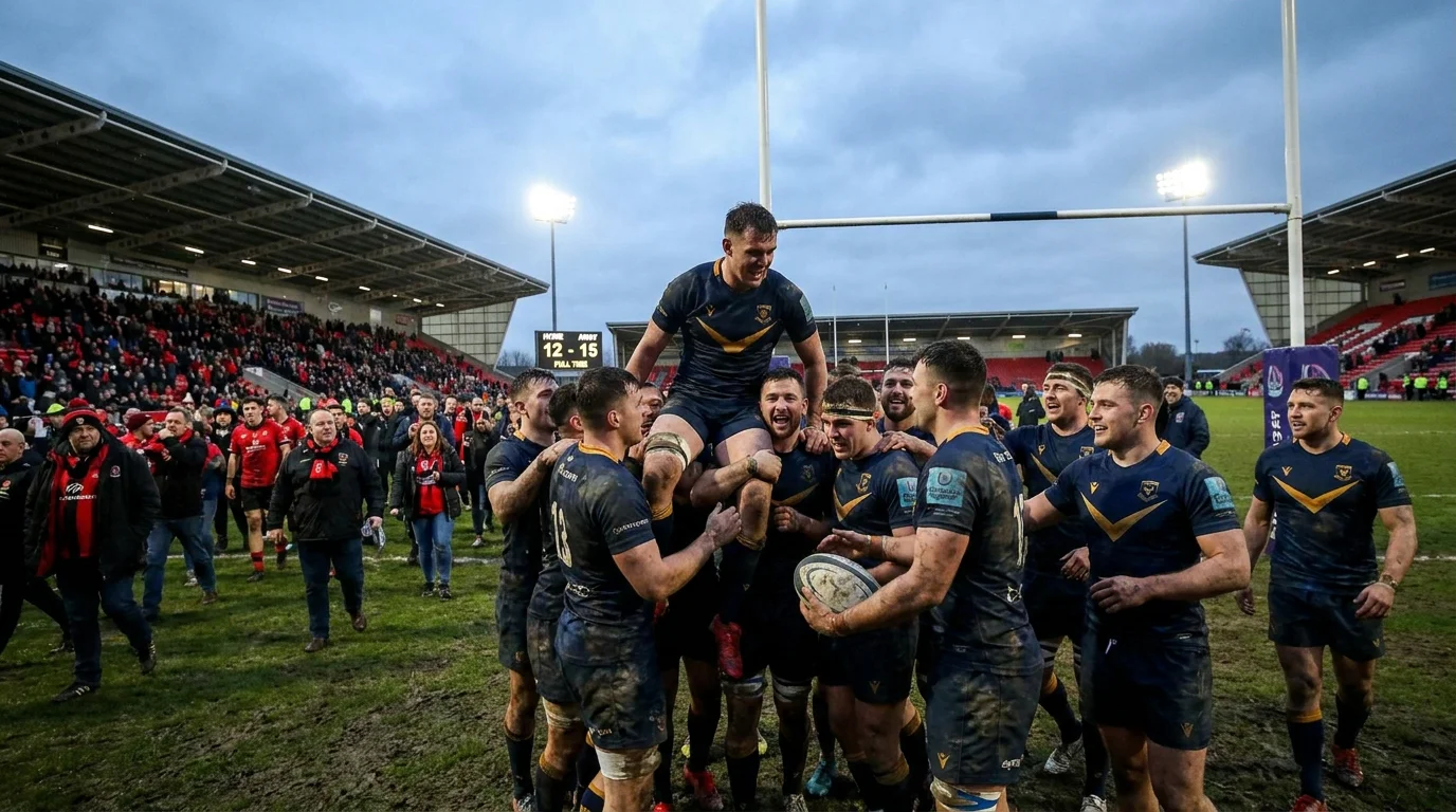 Rugby away underdog celebrating shock win at hostile venue