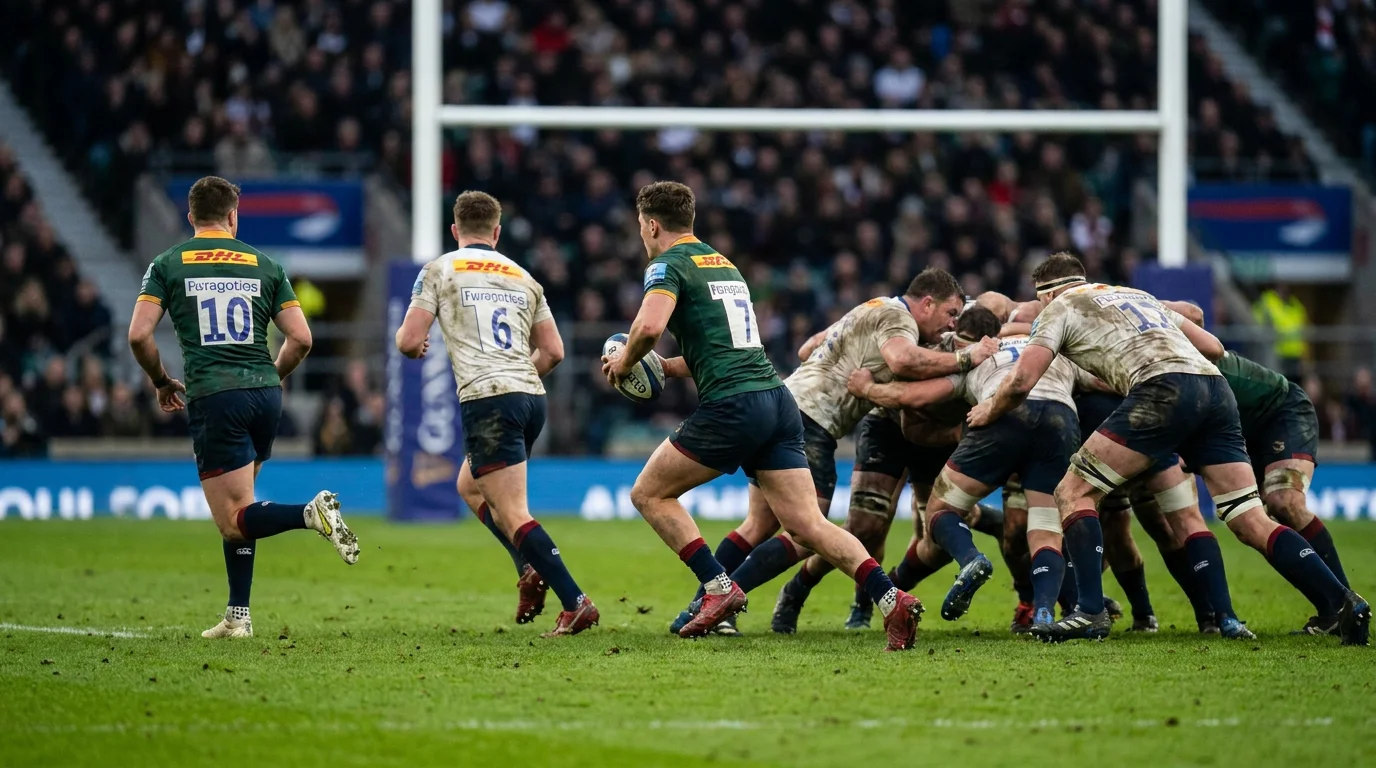 Rugby backs running attacking line outside hard-working forward pack