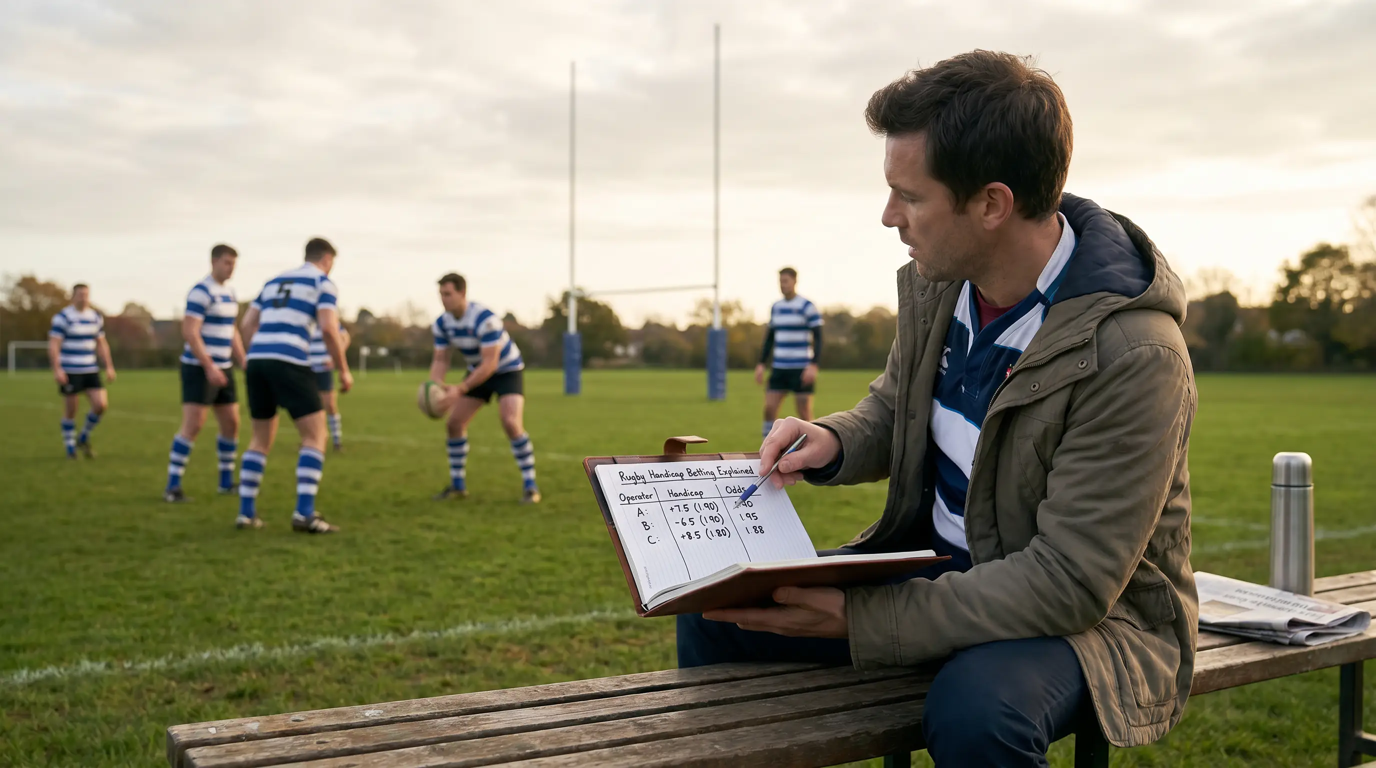 Rugby bettor comparing handicap odds in notebook across operators