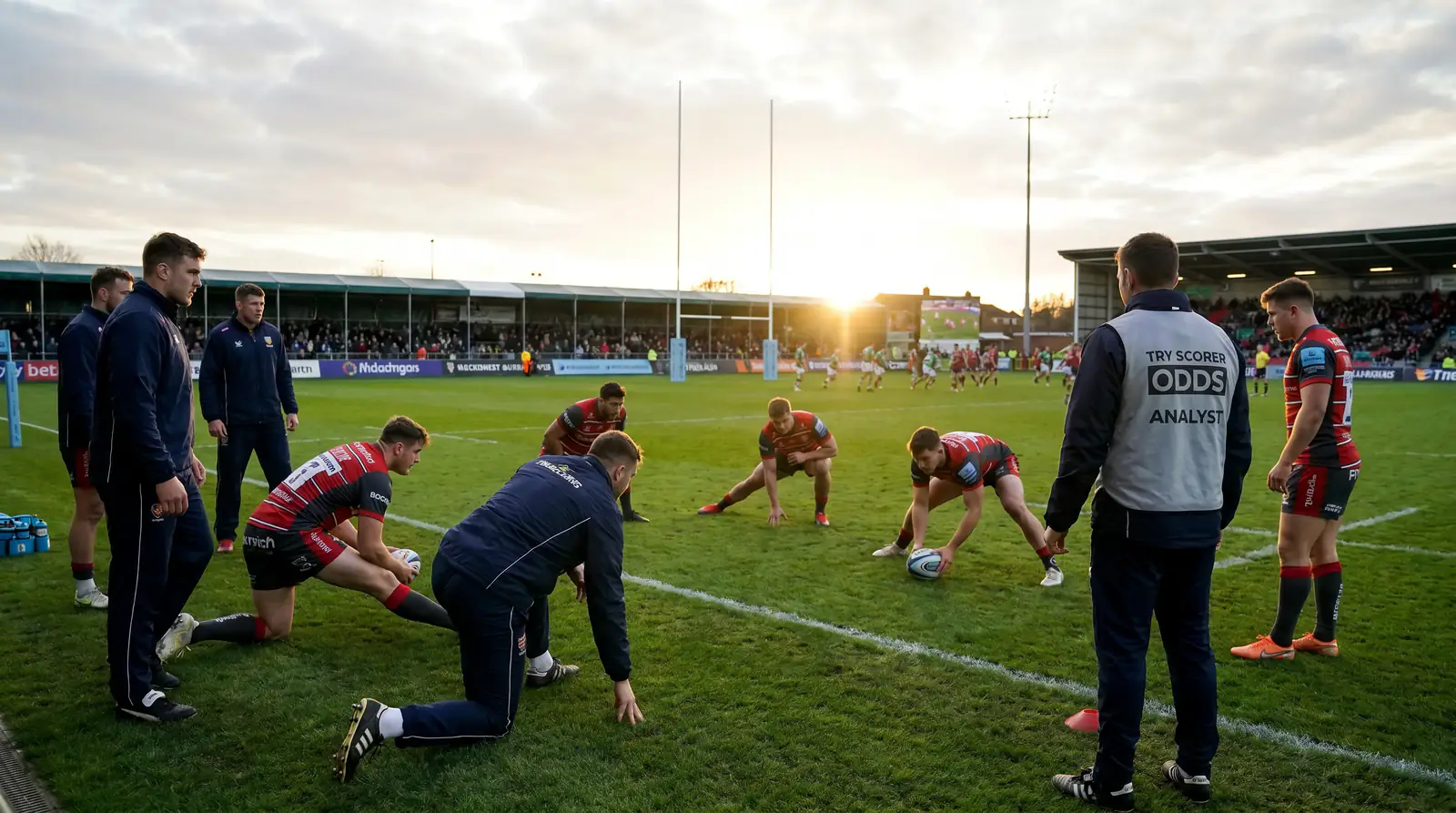 Rugby replacement players warming up on touchline late in match