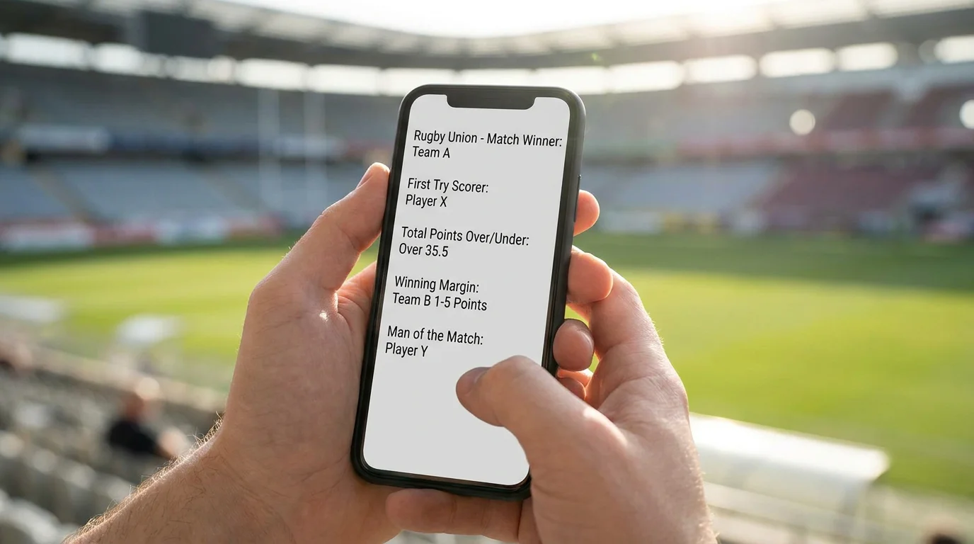 Smartphone held in two hands showing a rugby bet builder interface with multiple generic match selections