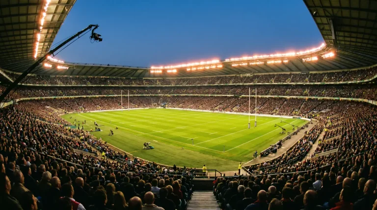 UK rugby stadium under floodlights ahead of a Six Nations match