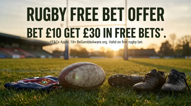 Rugby betting promo offering free bet with prominent terms text