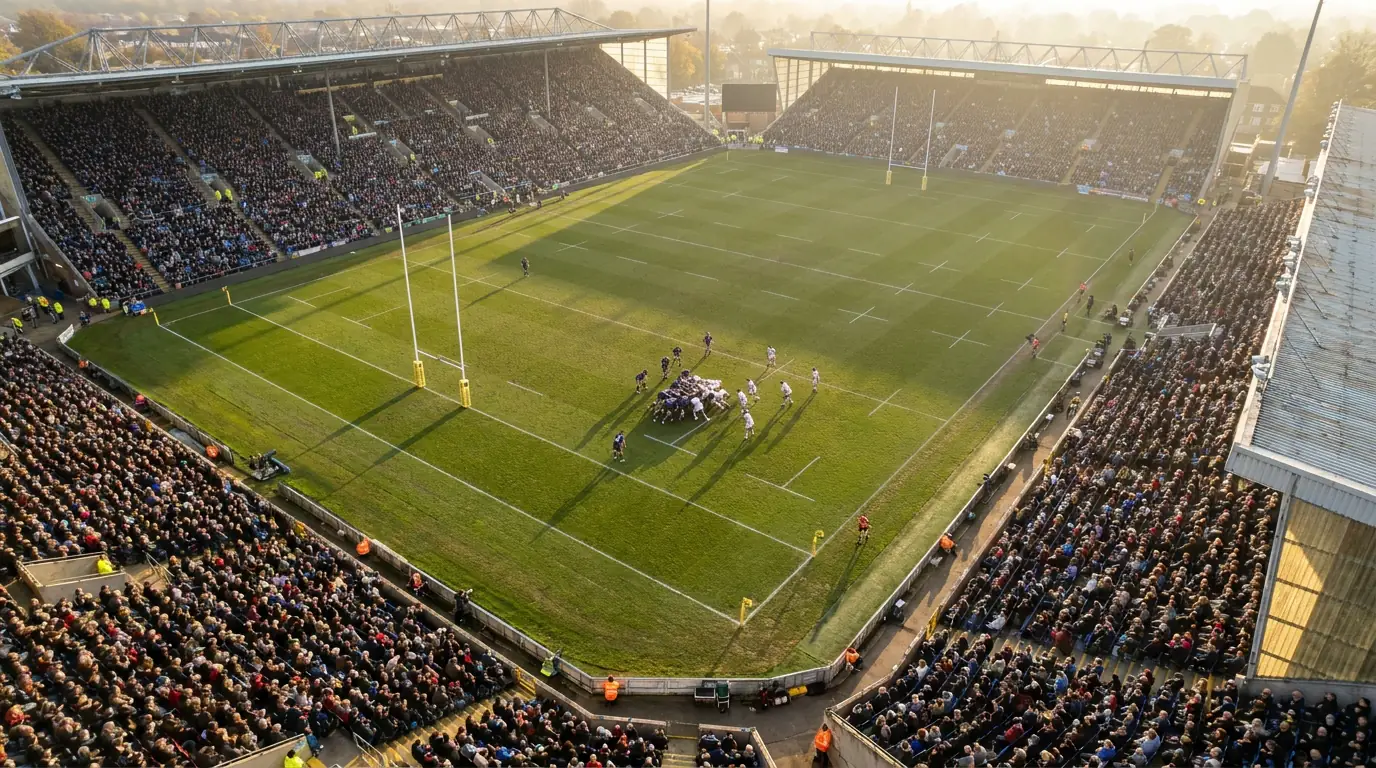 Aerial view of a packed UK rugby stadium during a Premiership fixture