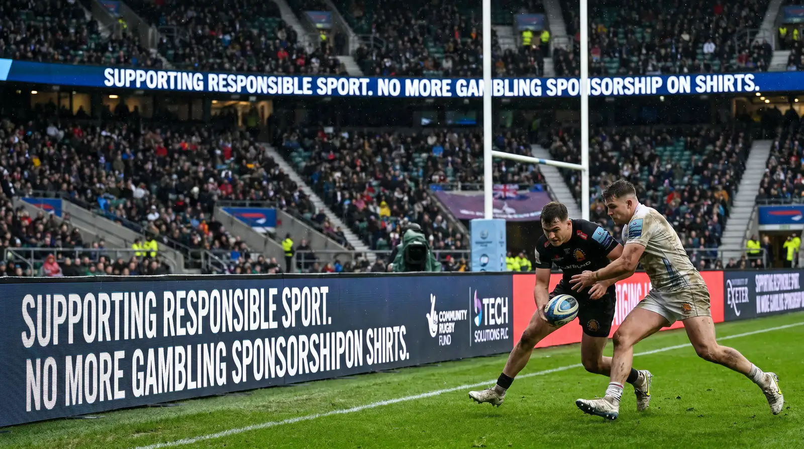 Rugby stadium advertising board with mixed sponsor categories