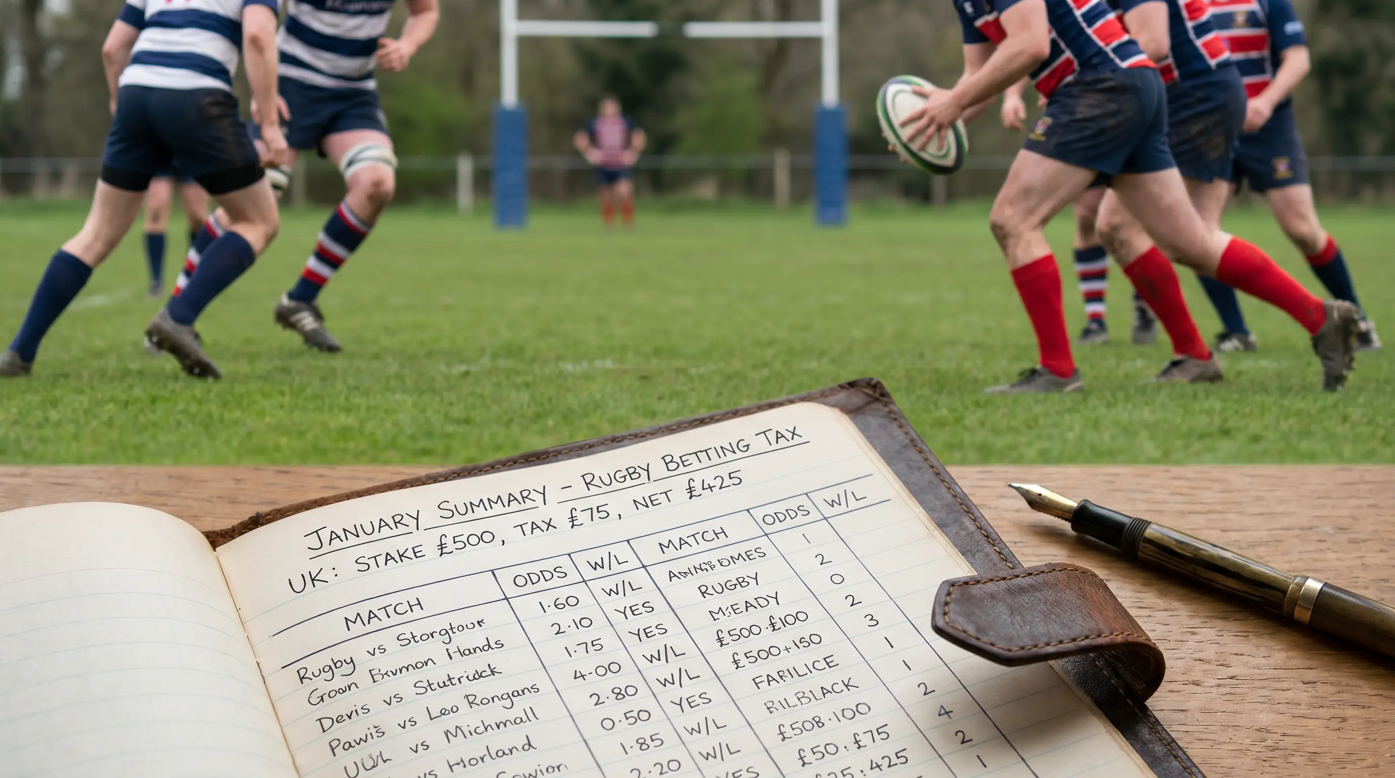 Detailed rugby betting record-keeping ledger with monthly summary