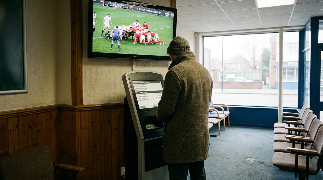 High street rugby betting shop interior with a customer at a self-service touchscreen displaying rugby markets