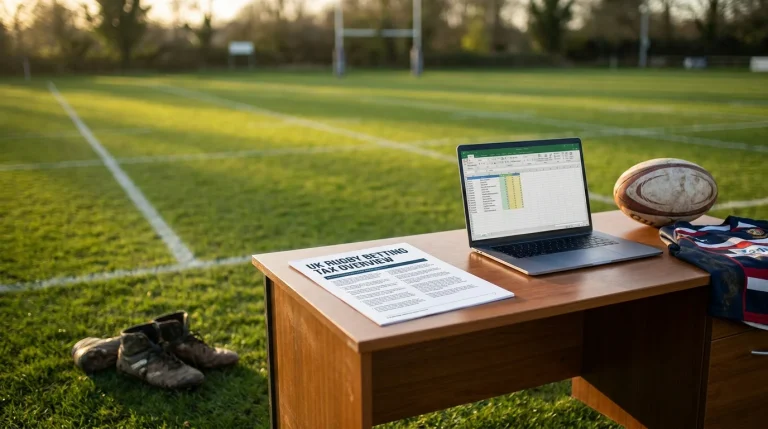 UK rugby betting tax overview document on desk beside laptop
