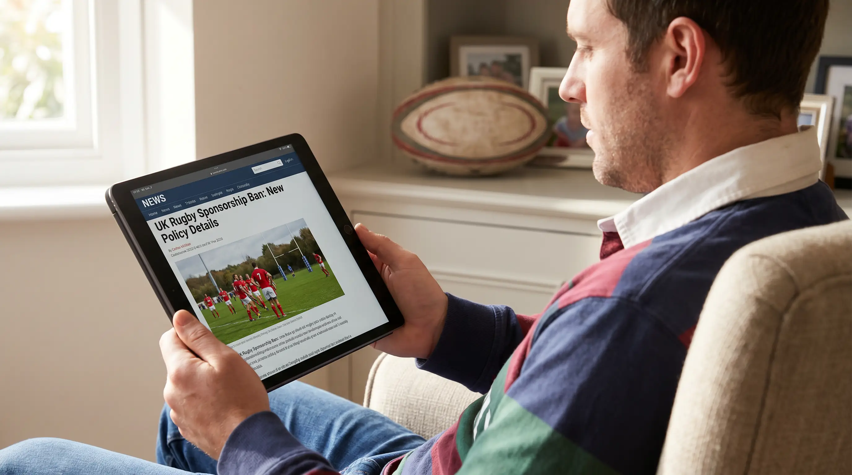 Rugby bettor reading sponsorship policy news on tablet at home
