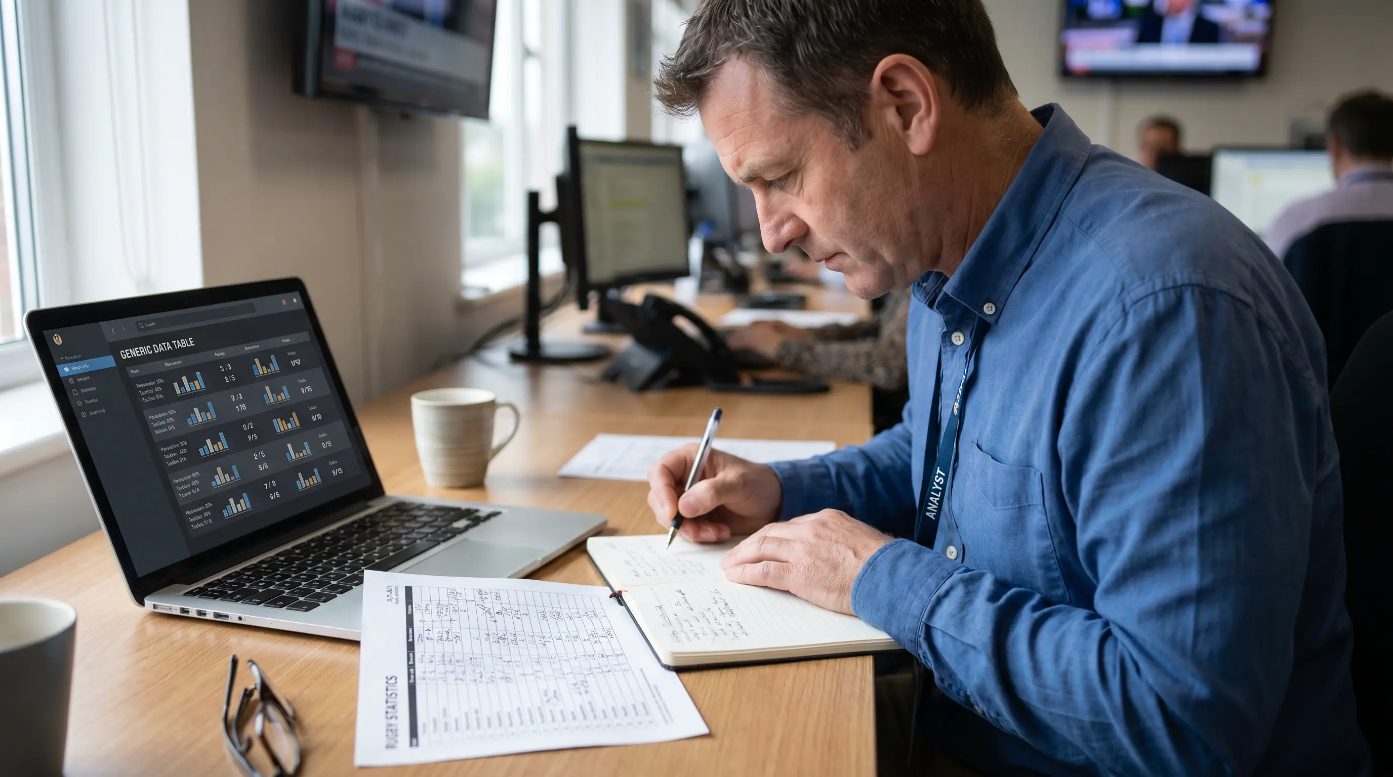 Sports analyst studying rugby form notes and price sheets at a desk