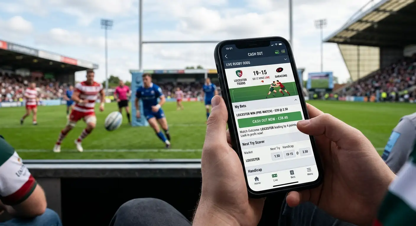 Cash out button interface on rugby live bet within mobile app
