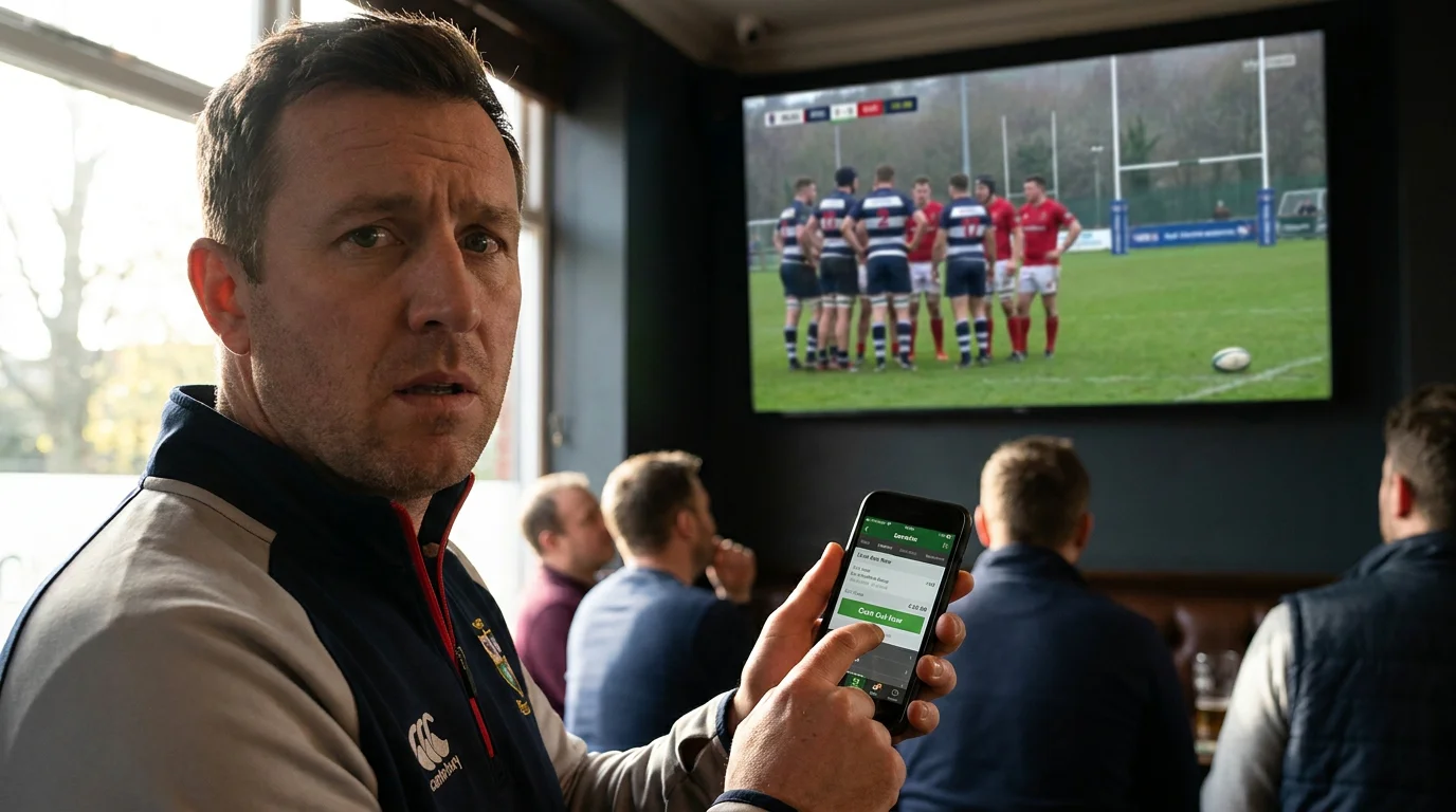 Bettor pausing over mobile cash out decision during live rugby