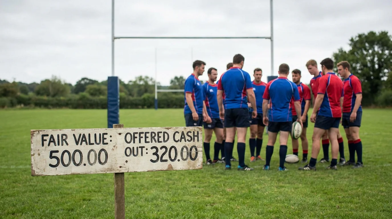 Comparison of fair value and offered cash out price for rugby bet