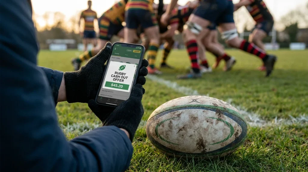 Rugby cash out offer displayed on mobile betting app during match