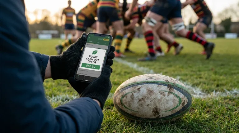 Rugby cash out offer displayed on mobile betting app during match