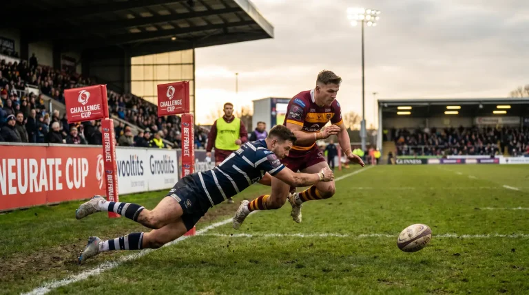 Rugby league Challenge Cup knockout match with diving tackle