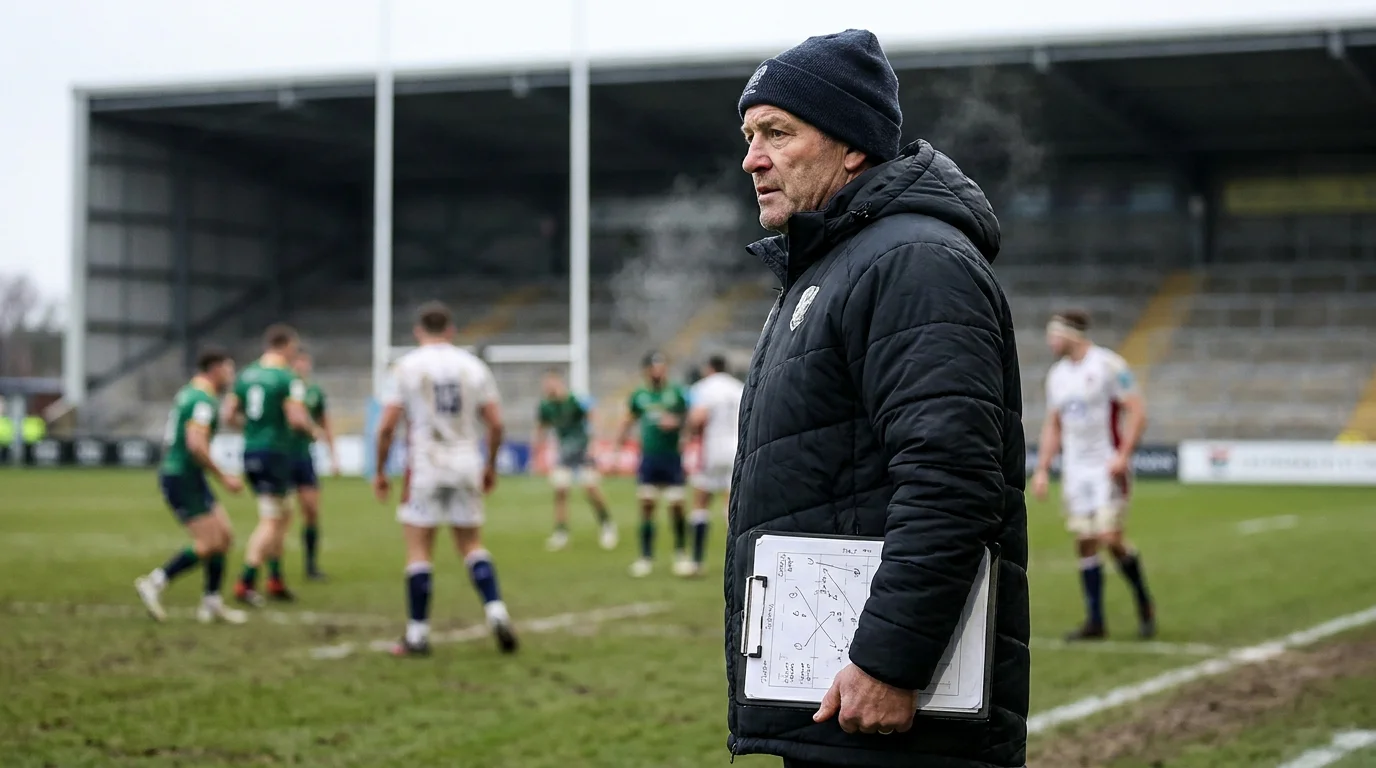 Rugby union head coach reviewing tactical notes on the touchline during a Six Nations match