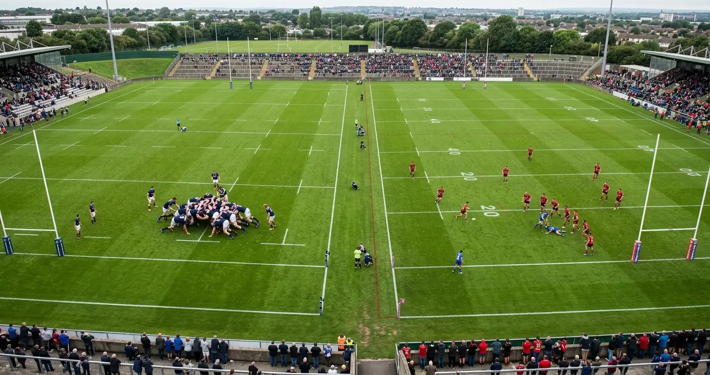 Two adjoining rugby pitches viewed from height showing a union match and a league match in parallel